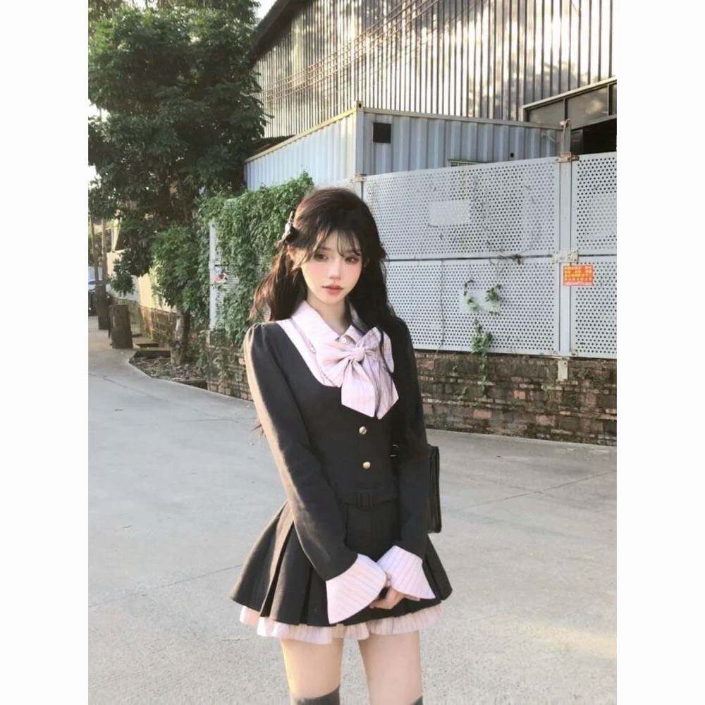 春季新款韩版千金甜美蝴蝶结优雅收腰显瘦撞色拼接连衣裙短裙女仙