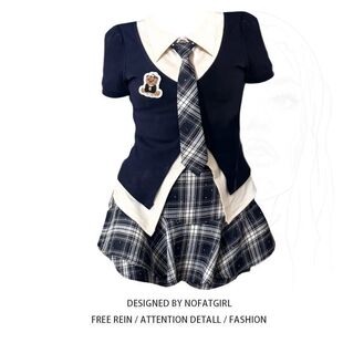 格纹短裙jk套装 大码 季 胖妹妹韩系学院风少女假两件短袖 上衣女夏季