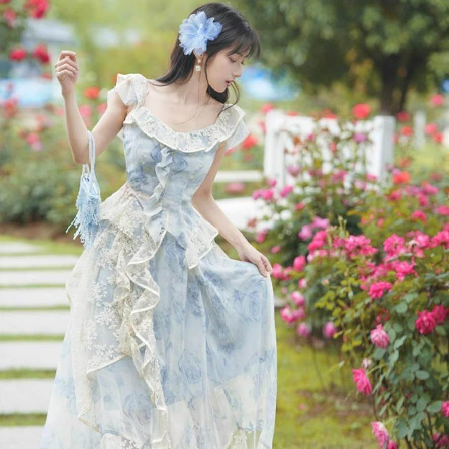 法式风情桔梗两件套装夏蓝色蕾丝超仙温柔奶系穿搭复古半身裙套装