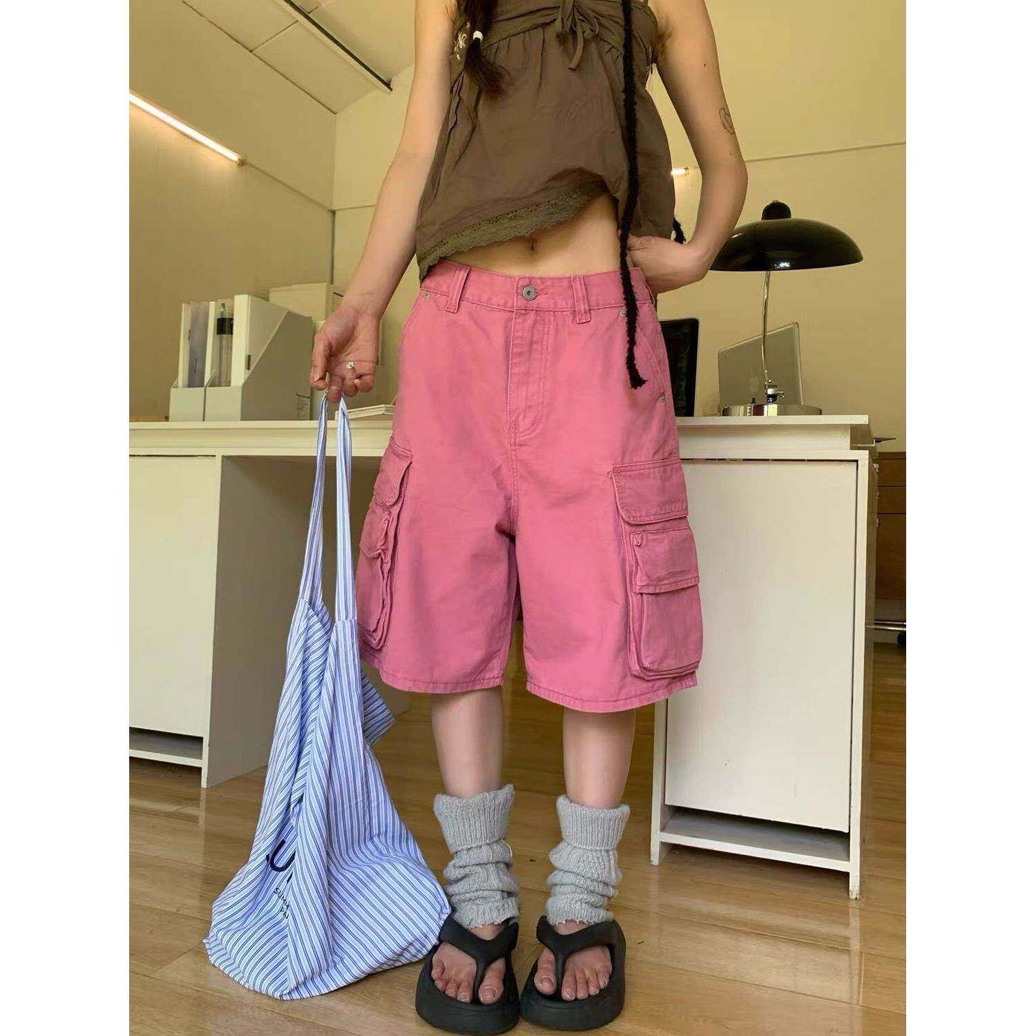 美式大码水洗粉色口袋工装牛仔七分裤女街头直筒宽松显瘦阔腿中裤