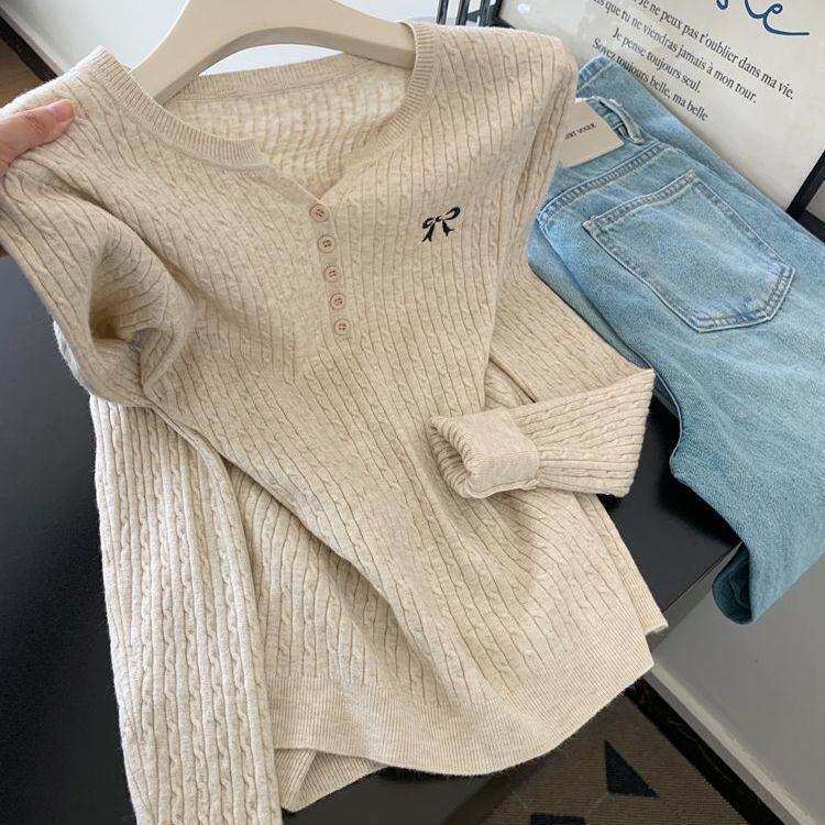 蝴蝶结灰色刺绣领长袖毛衣女士慵懒风高级感春秋薄款针织衫上衣