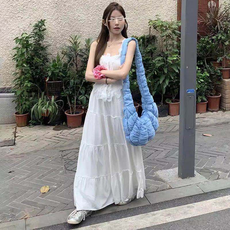 法式度假风蕾丝拼接吊带背心套装女夏季高腰白色半身裙长裙两件套