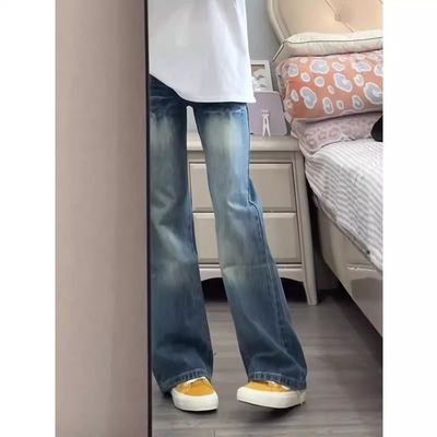 145小个子美式复古水洗裂纹微喇叭牛仔裤女低腰显瘦直筒阔腿长裤