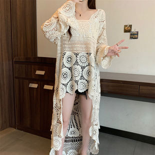 大码女装2024年夏季波西米亚钩花镂空前短后长针织罩衫连衣裙韩版