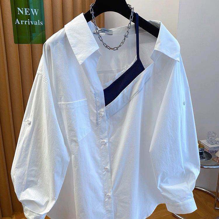 白色露锁骨衬衫女设计感小众高级感2026新款独特别致假两件上衣春
