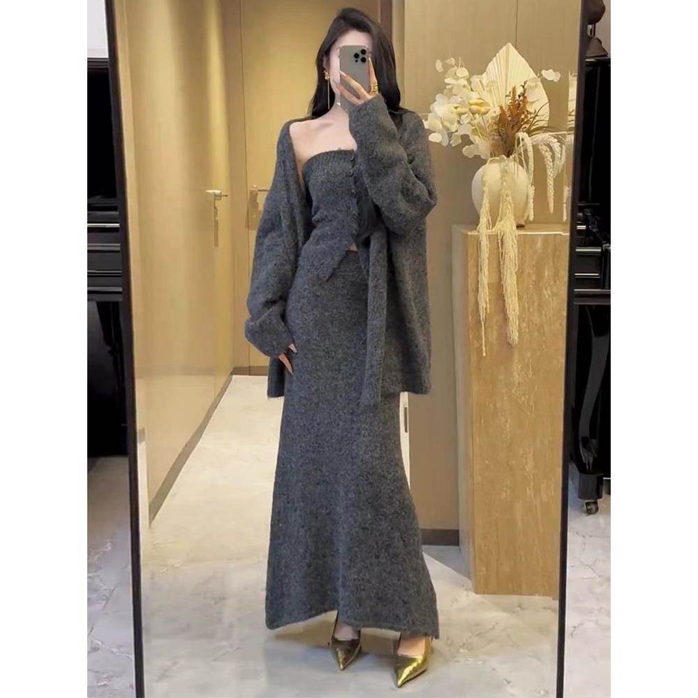 复古名媛风毛衣三件套女秋冬新款韩版抹胸背心针织开衫半身裙套装