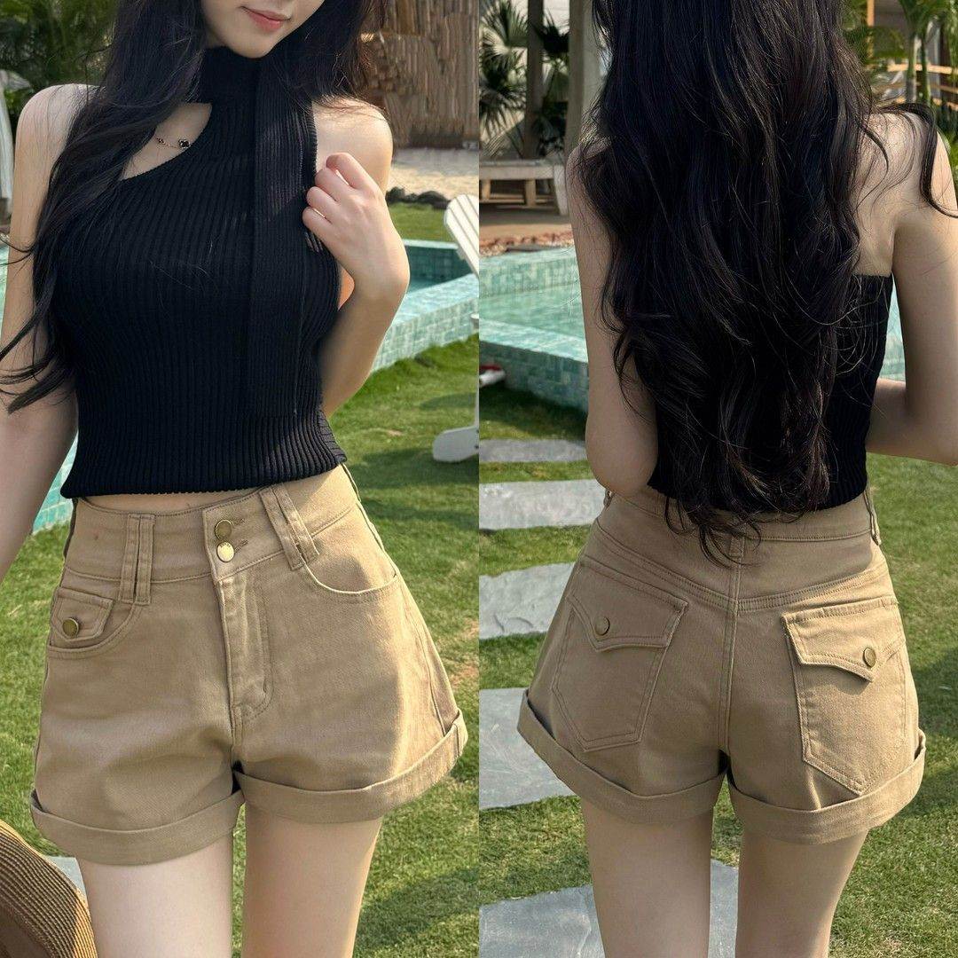 卡其色工装高腰牛仔短裤女2026春夏显瘦显高辣妹双排扣字热裤子