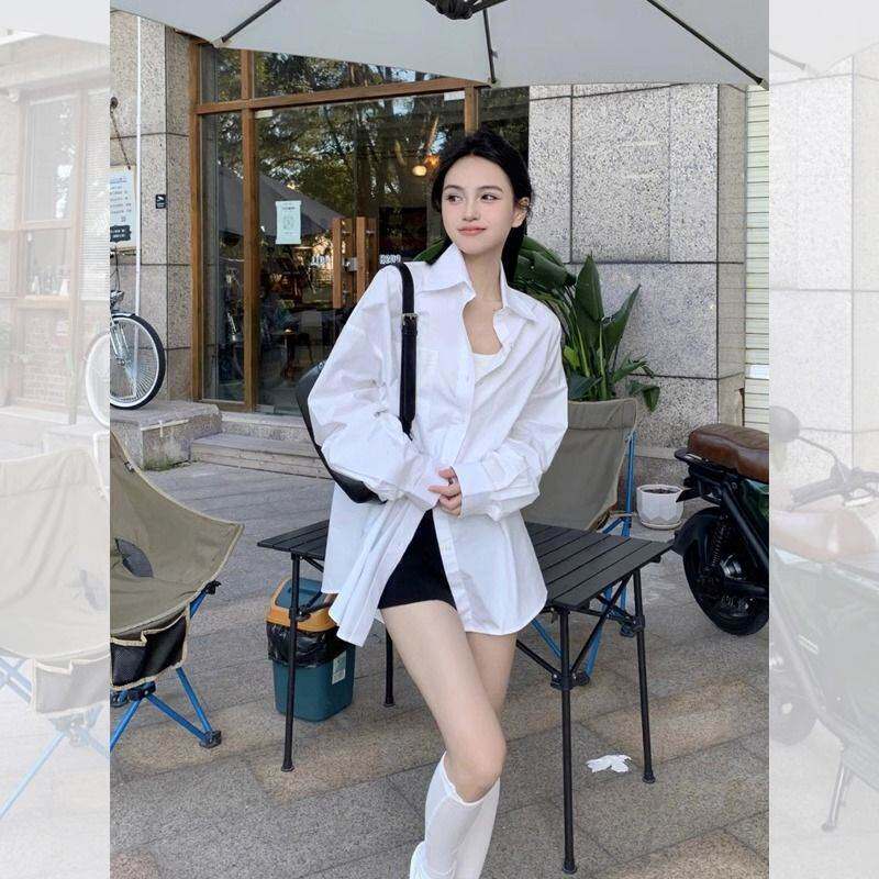 棉白色衬衫女设计感小众中长款休闲上衣慵懒风显瘦衬衣开衫外套