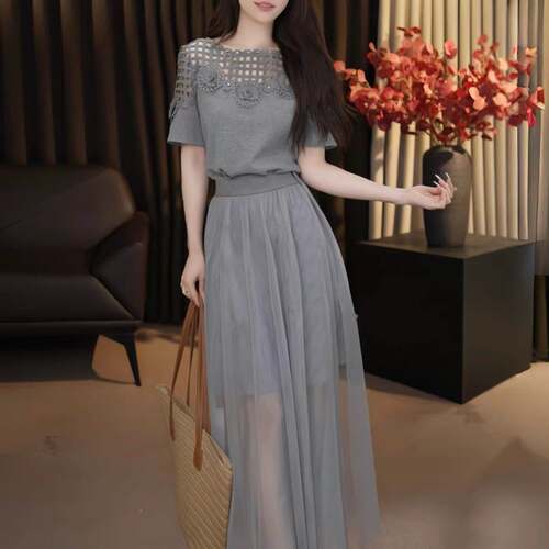 夏季新款小个子绝美镂空玫瑰两件网纱套装裙女30011