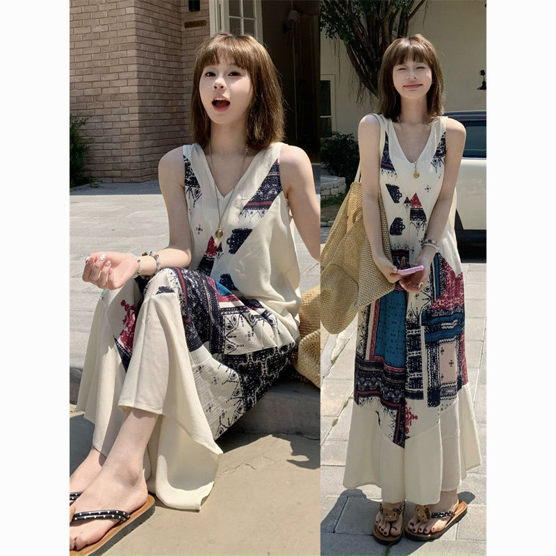 海岛风休闲阔腿连体裤女夏复古印花背带裤气质V领无袖背心连衣裤
