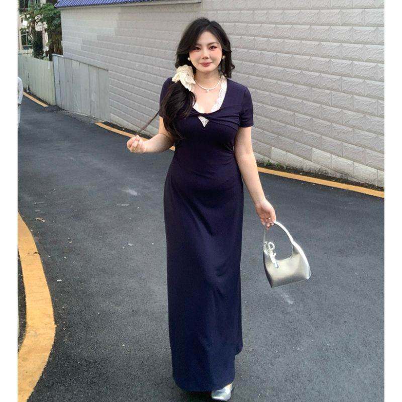 大码胖蕾丝拼接扭结设计感针织连衣裙女夏季新款修身显瘦长裙子