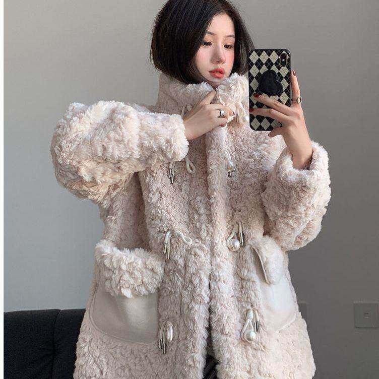 新款羊羔毛绒绒女冬季高档宽松韩版仿皮草立领加棉加厚中长款大衣
