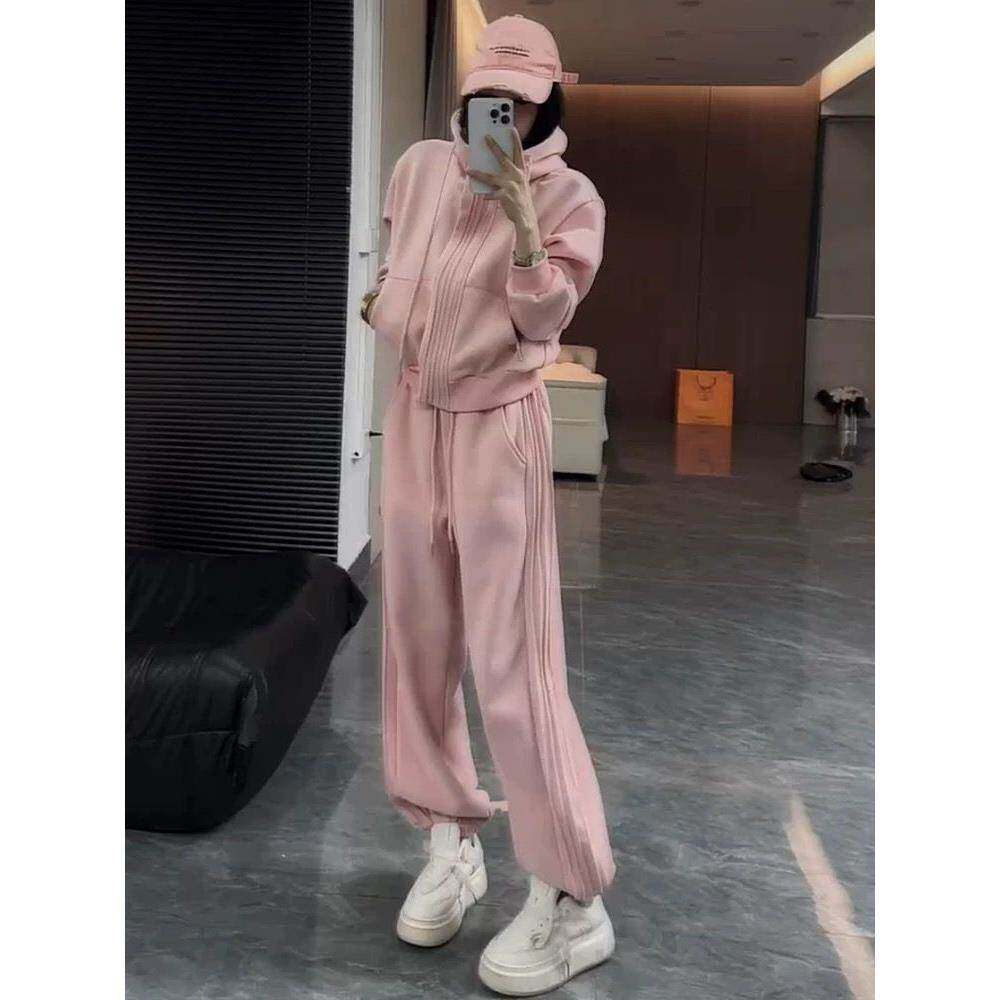 时尚甜酷风加绒加厚休闲运动套装女宽松连帽卫衣外套束脚裤两件套