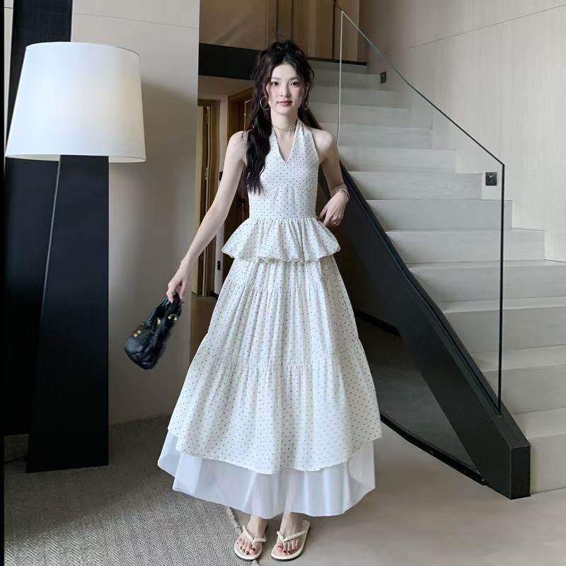 夏季新款法式波点绑带显瘦遮肉时尚气质减龄上衣网纱裙子套装女