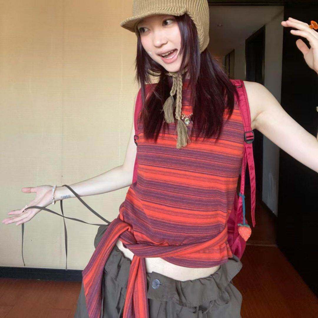 法式复古红色条纹吊带背心女夏季新款设计感小众修身显瘦无袖上衣