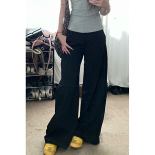 黑色垂感西装裤女夏季款直筒长裤子宽松阔腿裤低腰拖地裤休闲裤