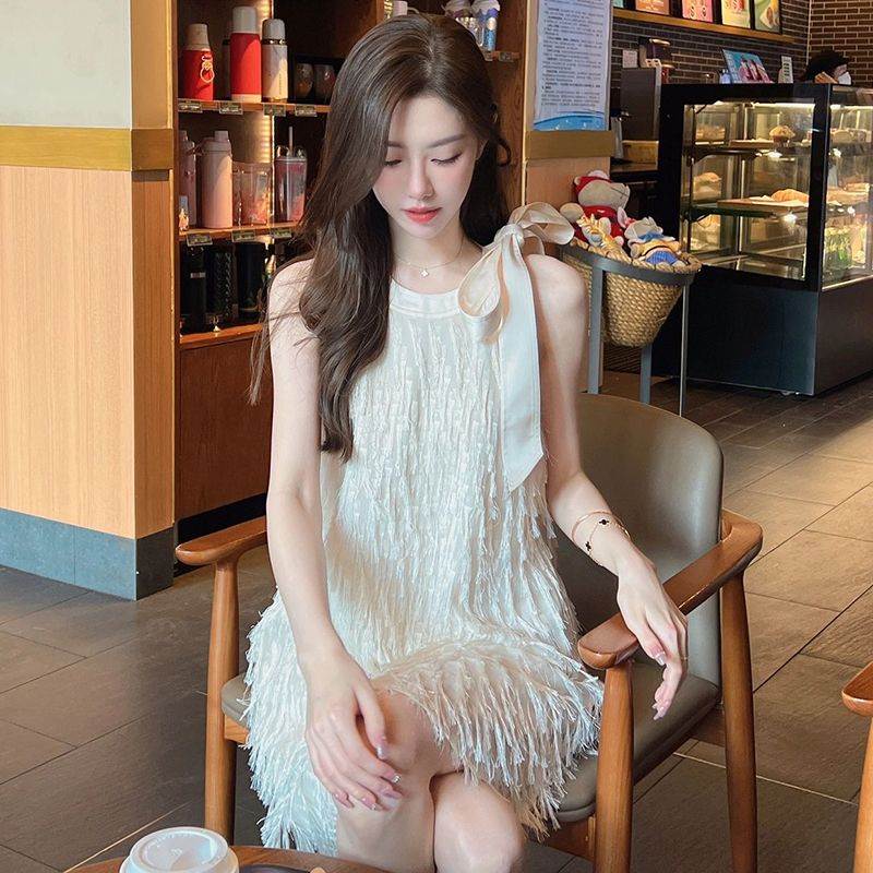 高级感流苏连衣裙女夏季蝴蝶结系带无袖背心短裙子仙女流苏连衣裙