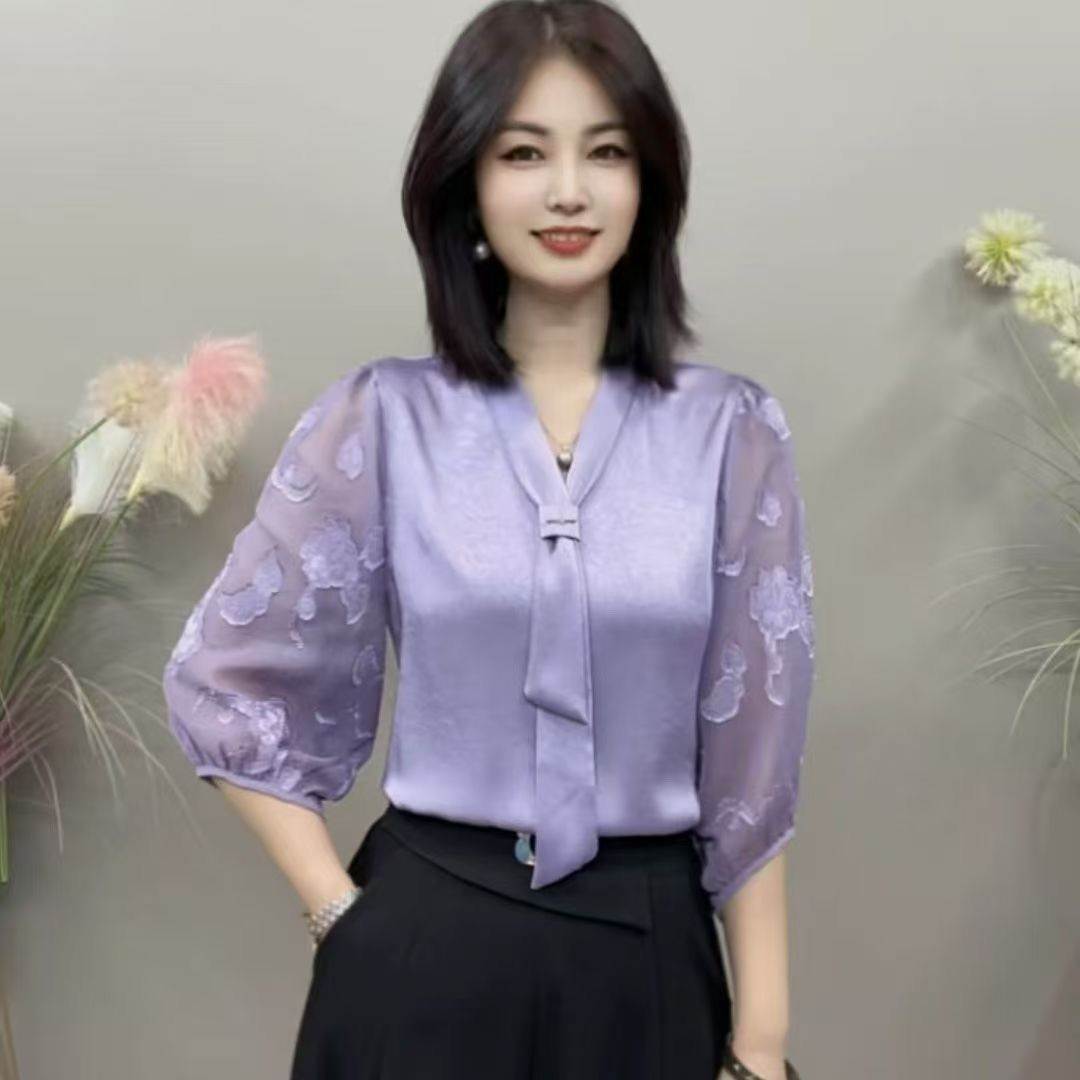 中年妈妈时尚气质富婆七分袖衬衫宽松显瘦雪纺衫缎面飘带女装上衣