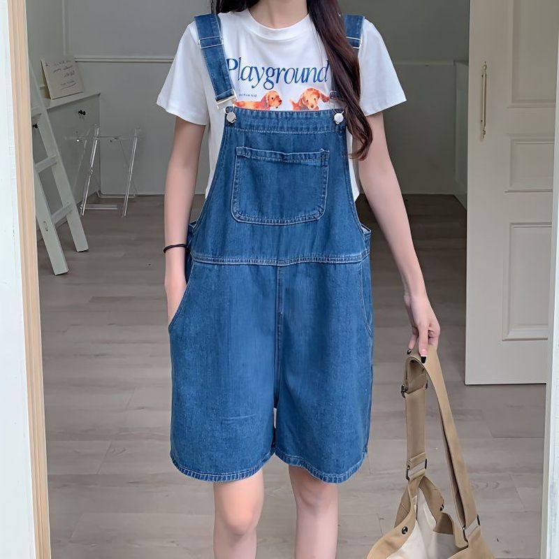 大码深色牛仔背带短裤女夏季2025新款小个子宽松减龄阔腿连体裤薄