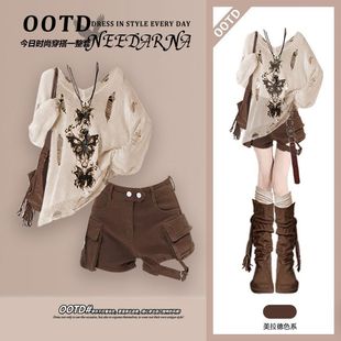 新疆旅游穿搭废土风罩衫2025超火夏装美拉德辣妹西部牛仔套装短裤