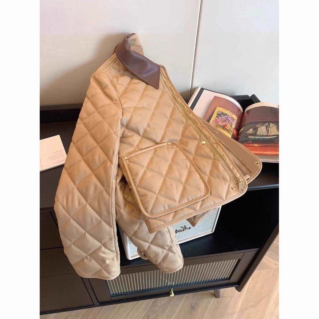 菱格复古羽绒服拼皮翻领卡其色2026新款女秋冬保暖修身羽绒服短款