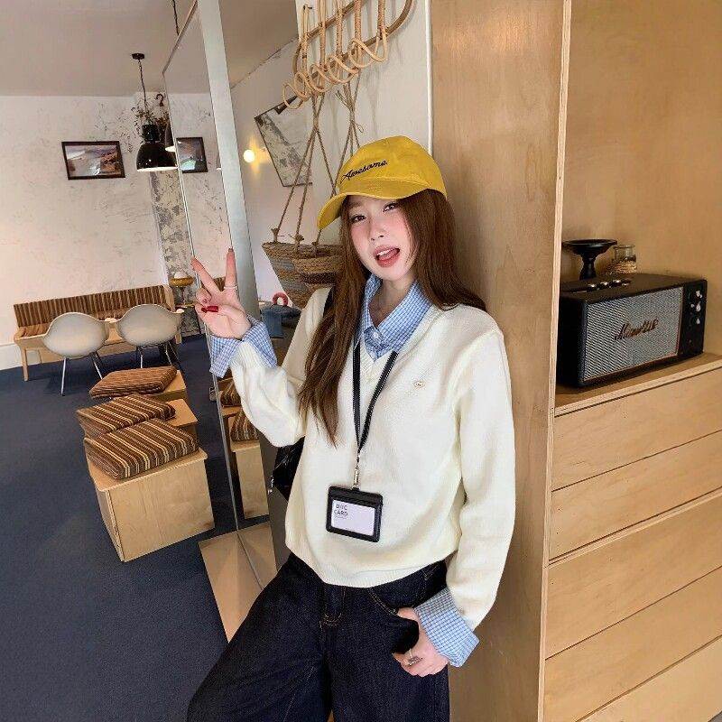 韩版气质毛衣女春夏外穿初中生白色女大童宽松假两件衬衫领打底衫