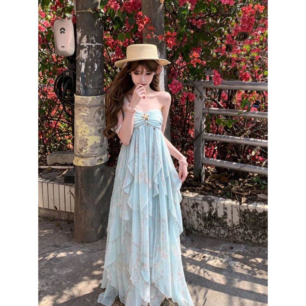 法式绝美漂亮浅蓝色碎花连衣裙夏季海边度假不规则荷叶边大摆长裙