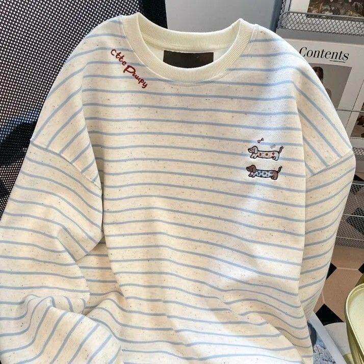 韩系刺绣腊肠小狗条纹长袖卫衣男女秋季宽松学生减龄可爱上衣
