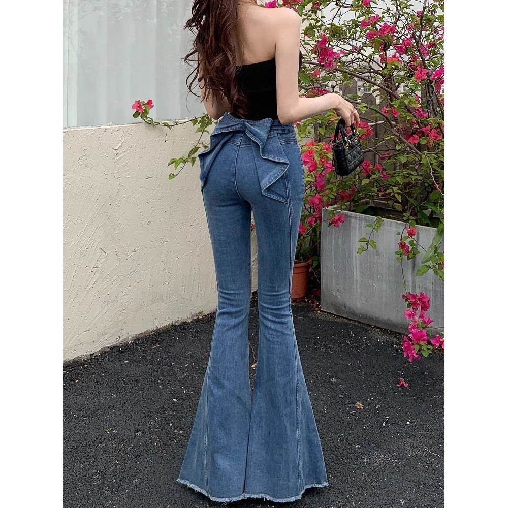 亦菲同款后腰蝴蝶结微喇牛仔裤女春秋2026新款高腰显瘦翘臀喇叭裤