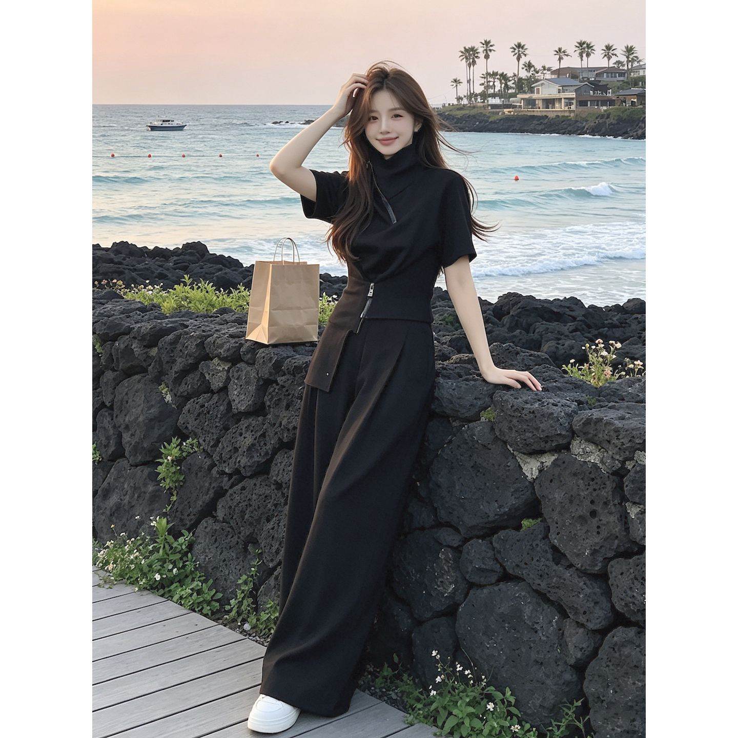 夏2026新款黑色休闲运动套装女夏季高级感短袖阔腿裤两件套穿搭潮