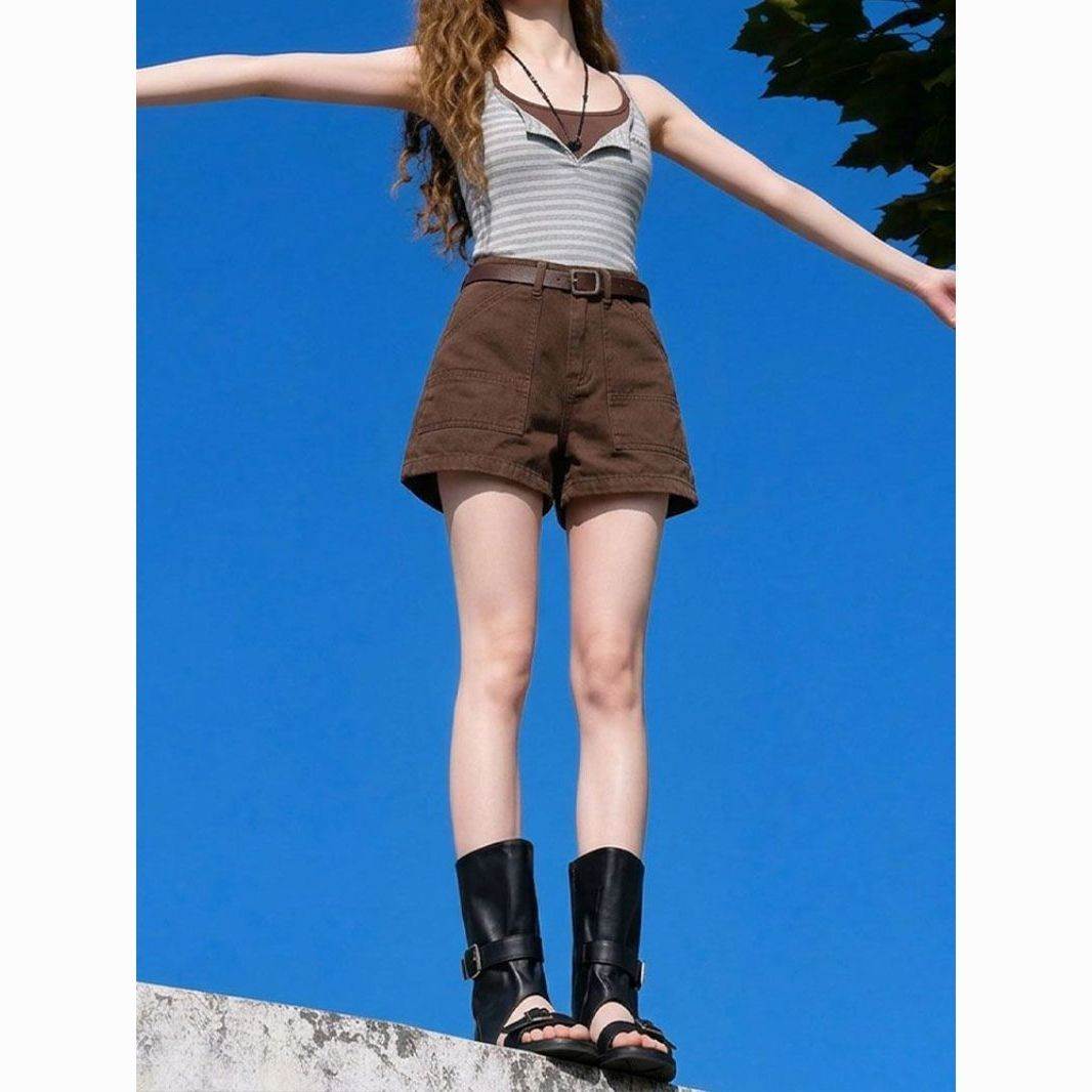 美式棕咖色辣妹牛仔短裤女夏薄2026新款高级感超好看宽松阔腿热裤