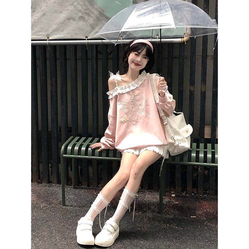 日系木耳立体花边蝴蝶露肩卫衣女春季甜辣妹宽松甜美软妹套头外套