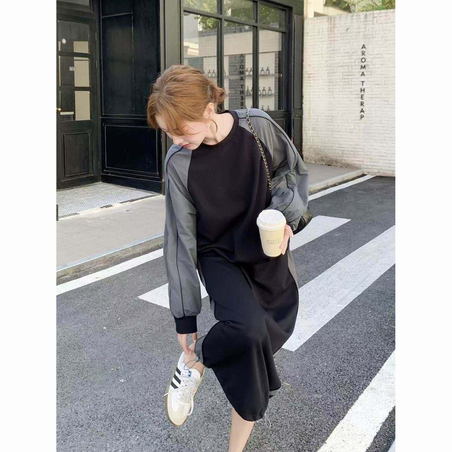 港风松弛感休闲运动套装裙女春秋新款撞色拼接卫衣半身裙两件套