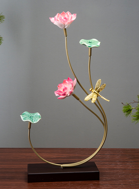 创意荷花摆件新中式铁艺陶瓷莲花工艺品家居客厅玄关电视柜装饰品