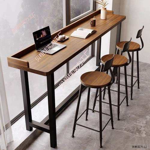 新款阳台吧台桌子简约实木长条挡板桌靠窗靠墙窄条高脚桌椅组合