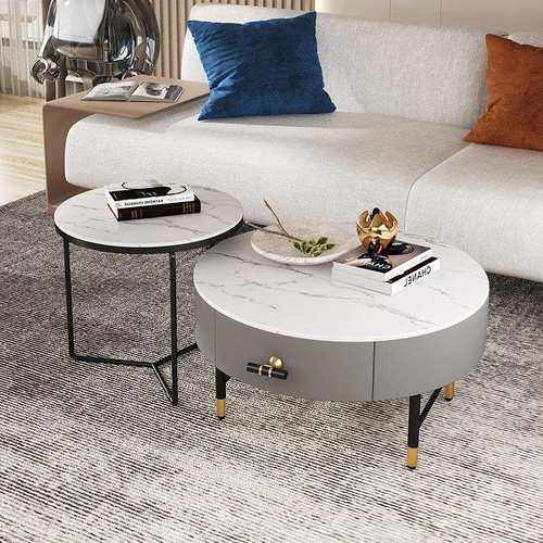 意式轻奢灰色圆形茶几组合家用小户型客厅岩板茶几简约大理石茶台