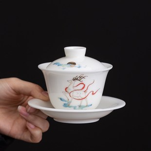 彼物五色鹿盖碗白瓷功夫茶具手绘釉下彩青花盖碗茶杯单个家用泡茶