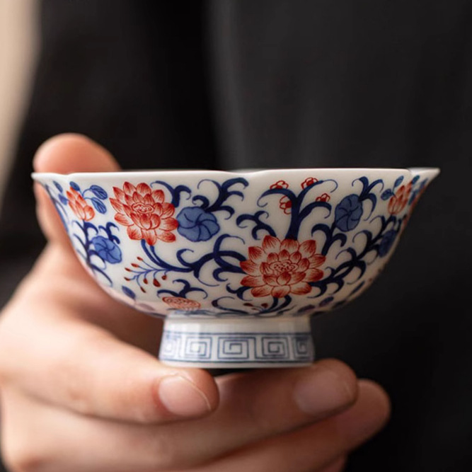 釉里红缠枝莲茶杯功夫茶小杯精杯高档德化陶瓷家用品茗杯子