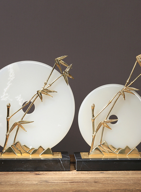 纯铜新中式玉石摆件客厅酒柜轻奢装饰博古架玄关书房摆设竹平安扣