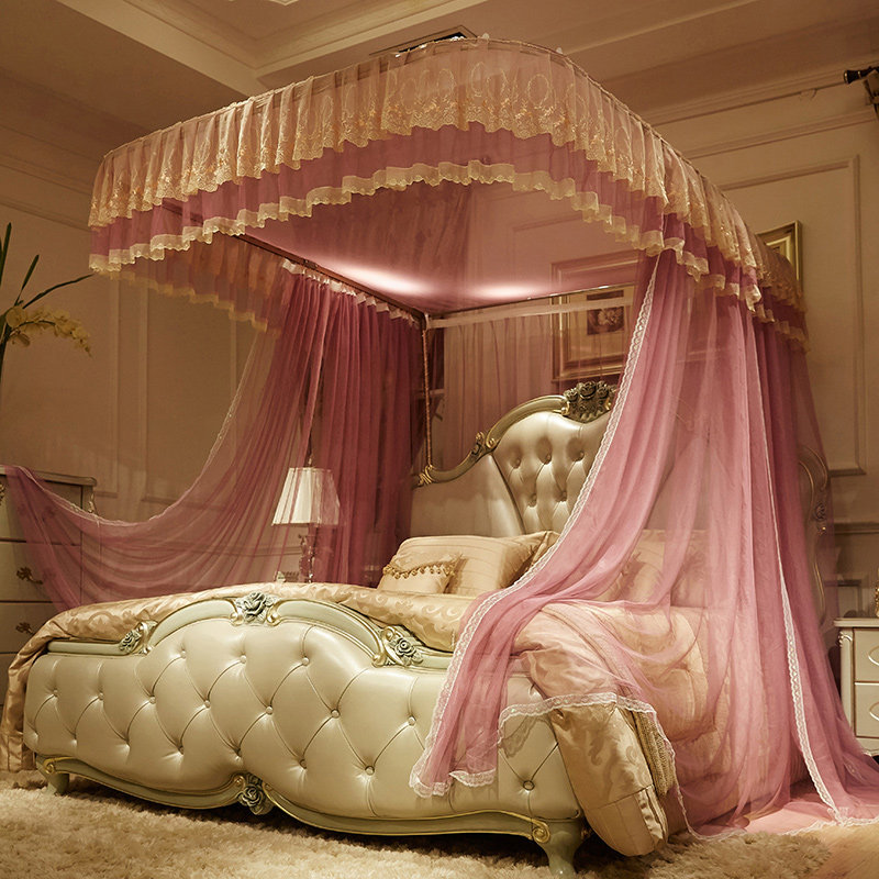 宫廷公主风家用导轨蚊帐1.51.8米2米床落地u型轨道不锈钢支架伸缩