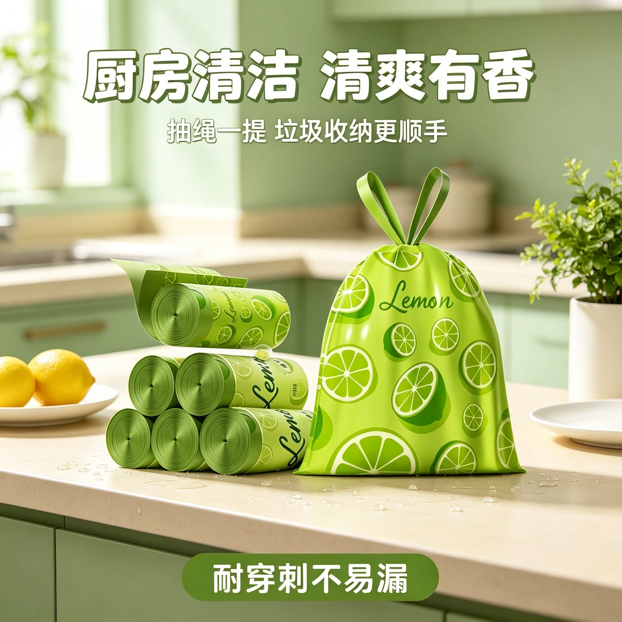 青柠香氛抽绳垃圾袋家用加厚自动收口手提式垃圾袋厨房厨余塑料袋