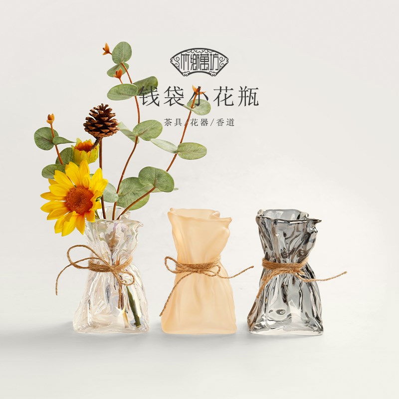创意玻璃钱袋花瓶花器轻奢高级感茶桌插花透明客厅水培绿植摆件
