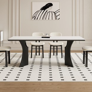 奶油中古风小户型长方形全托饭桌 德利丰实木岩板餐桌家用黑色法式