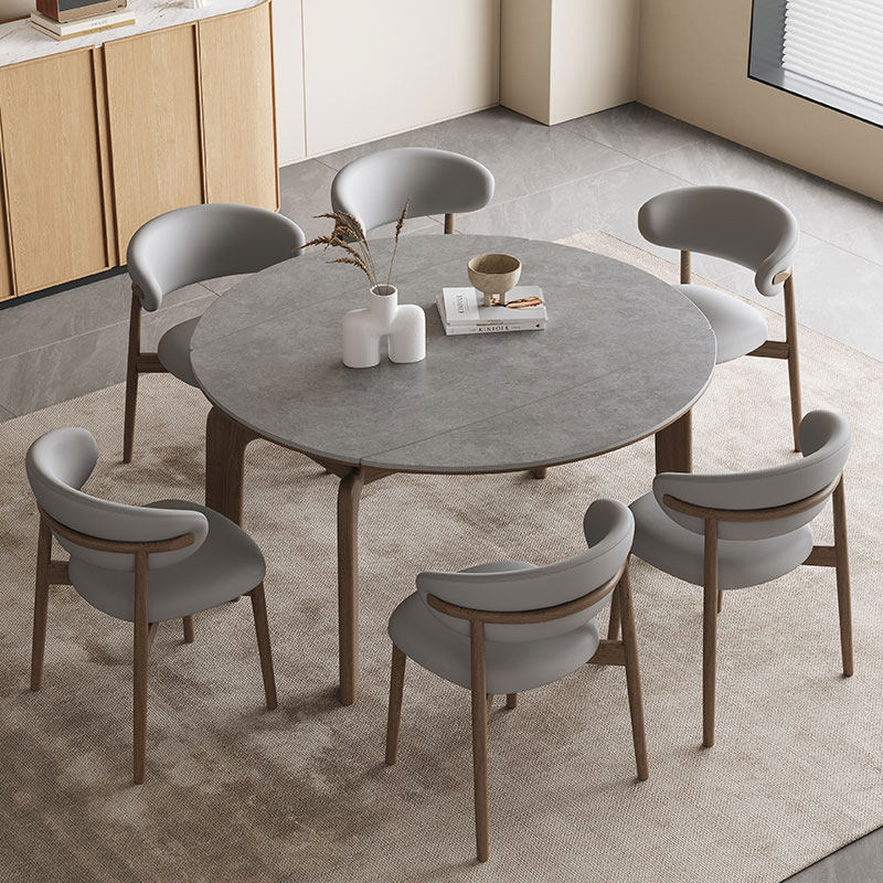 圆形大象腿实木岩板餐桌可伸缩家用小户型方圆两用可变圆饭桌子