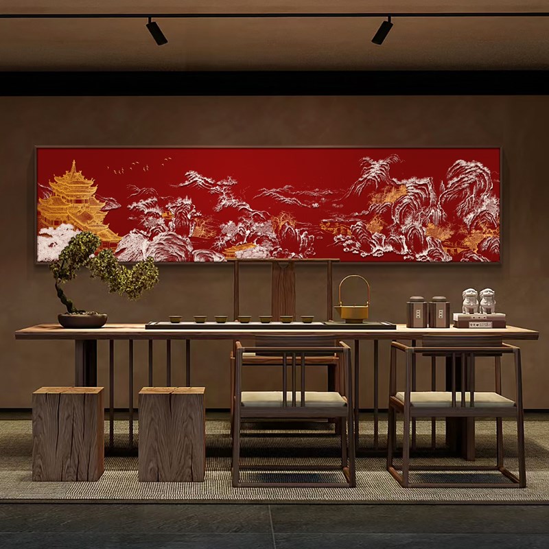 新中式餐馆装饰画日照山河高档山水浮雕立体饭店包厢横幅挂画图片