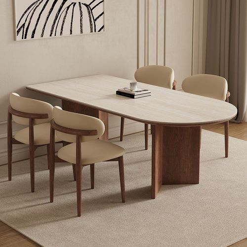 德利丰洞石岩板餐桌家用法式中古风长方形小户型全托实木吃饭桌子