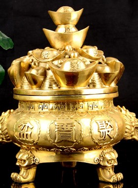 开盖三足元宝聚宝盆摆件铜元宝铜聚宝盆工艺品店铺摆设可开盖摆设