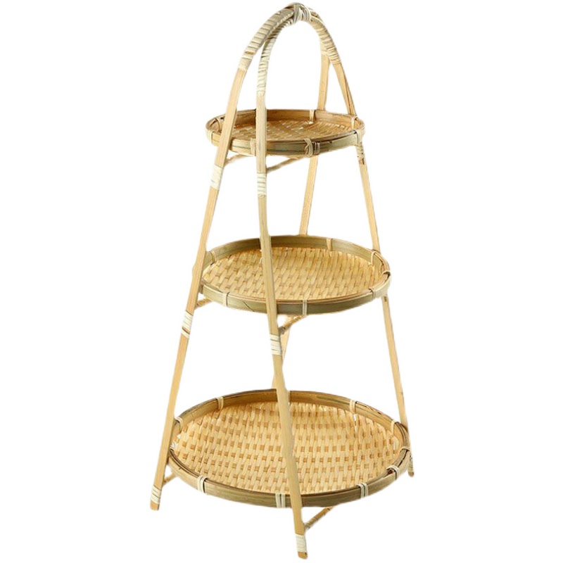 竹篮双层提篮手工竹编制品零食水果糕点盘工茶道古风拍摄道具摆件