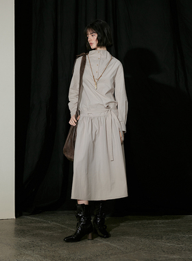 匹马棉 半圆女装[文艺]2025春秋低腰绑带抽褶连衣裙A字裙小众