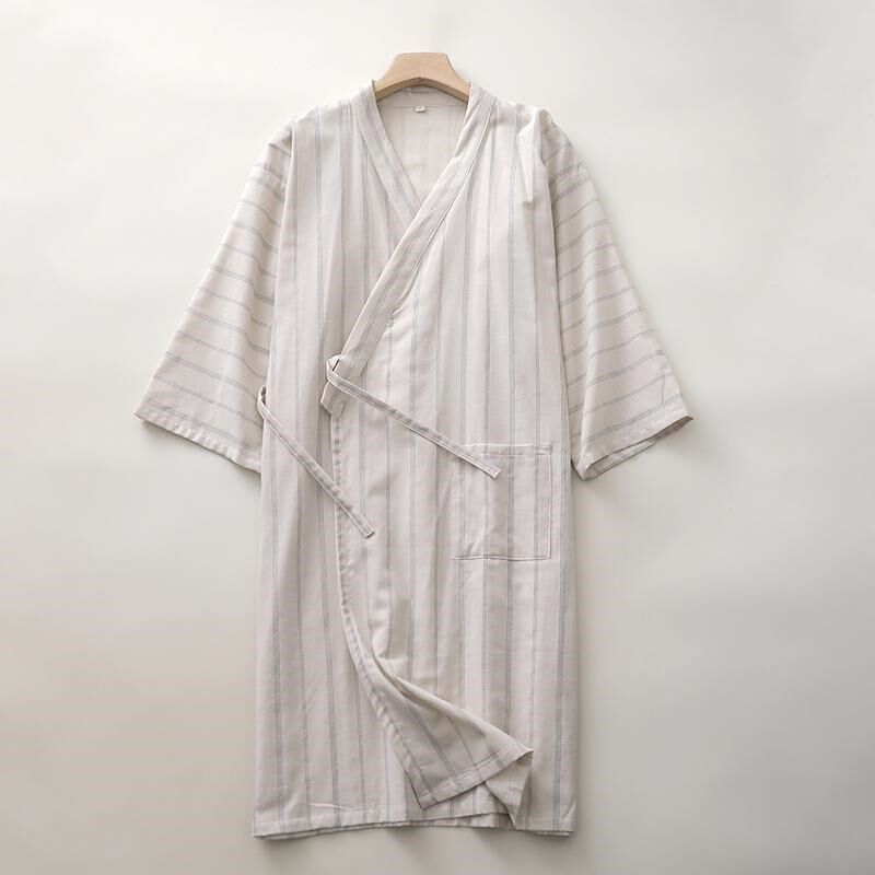 国风汉服睡袍男女纯棉纱文艺条纹七分袖家居浴袍四季薄款情侣晨袍